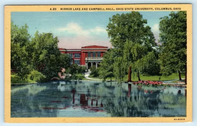 COLUMBUS, OH ~ Mirror Lake & Campbell Hall OHIO STATE UNIVERSITY c1940s Postcard