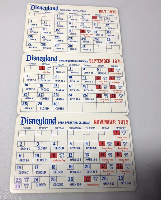 1975 DISNEYLAND PARK Operating Calendar Amusement Park Walt Disney