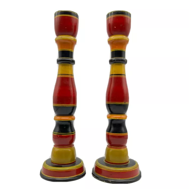 Pair of Colorful Hand Painted Turned Wooden Candle Stick Holders 12in