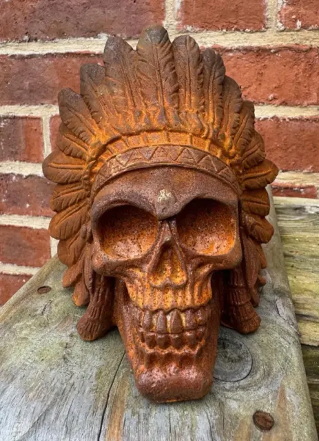 Cast Iron Skull wearing Native American Indian Headdress - Indoor / Outdoor 2