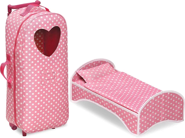 Convertible Doll Tote Carrier Luggage Backpack W/ Foldable Toy Rocking Bed Pink