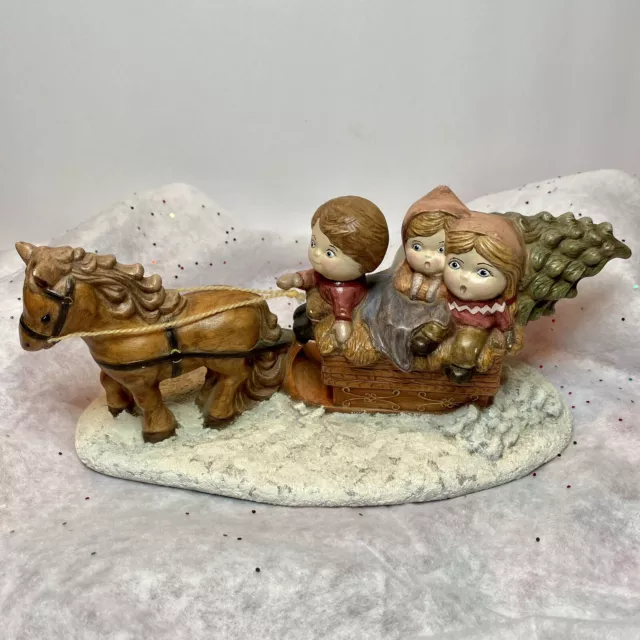 Vtg Hand-Painted "Bringing Home The Christmas Tree" In Horse Drawn Wagon 1984