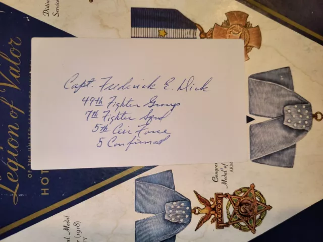 WWII Fighter Ace Capt. FREDERICK E. DICK 7th FS 49th FG 5Vs Signed 3x5 Card