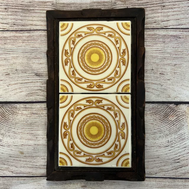 Vtg Wood Framed Yellow Ceramic Tile Mexico Footed Trivet Hot Plate Hand Carved