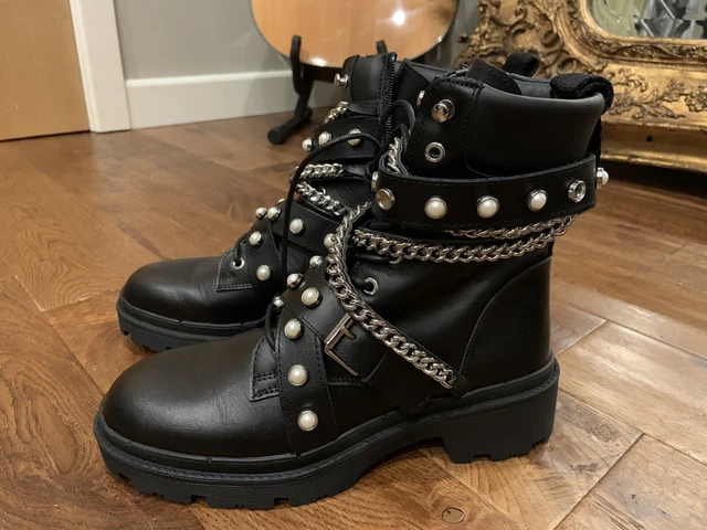 ZARA NEW BLACK Leather Biker Boots Chains Pearls Size 4UK 37EU
