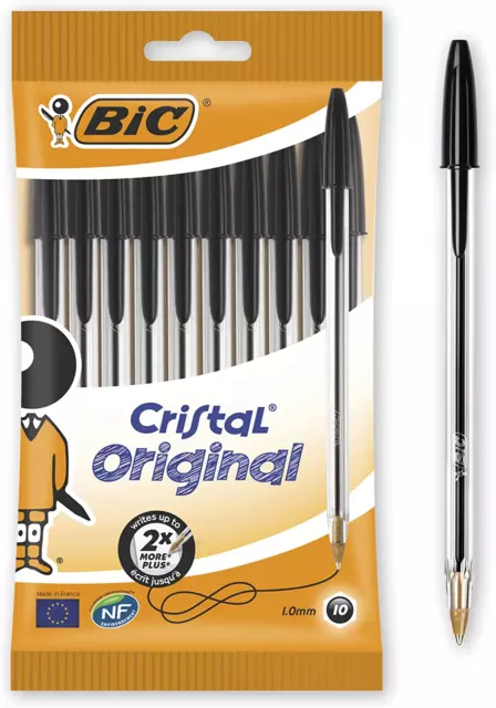 BIC Penne Nere a Sfera, Cristal Original, Punta Media, 1 Mm, Confezione 10 Penne