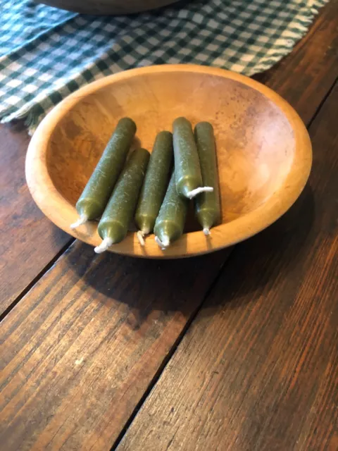 Primitive Small Wood  Bowl 6  Dark Green 4" Taper Candles Primitive Shelf  Decor