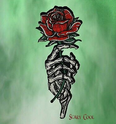 New Skeleton Hand Flower Rose Embroidered Biker Iron On Patch