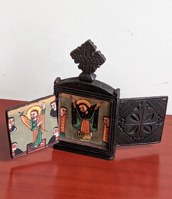 Antique Ethiopian Orthodox Double Sided Wood Biblical Icon Hand Painted, Africa