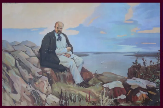 Ancien Huile Peinture Shevchenko Famous Ukrainien Poet 1960 Réalisme Toile 94 "=