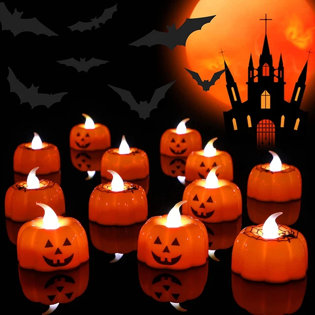 12 Pieces Halloween Pumpkin Tea Lights Candles with 24 Pieces Bat Stickers Flick