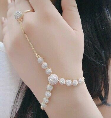 Indian Bollywood White Stone Gold Tone AD Bracelet Ring Kada Jewelry Fashion US