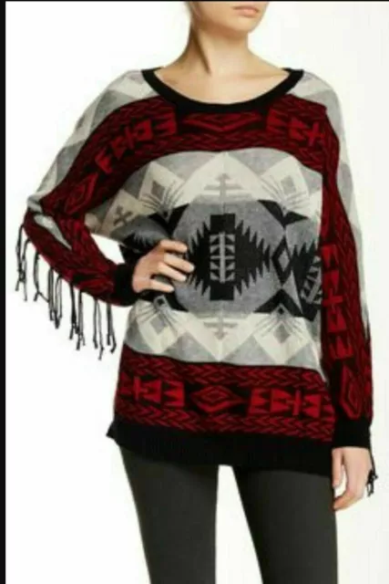 VINTAGE HAVANA Fringed Tribal Sesign woman Sweater Charcoal- Red Sz S NEW