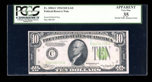 DBR 1934 $10 LGS FRN Philadelphia Fr. 2004-Clgs PCGS App 35 Serial C04244726A