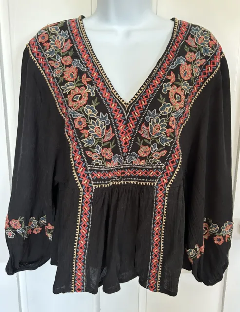 American Eagle Peasant Empire Waist Embroidered Black Top Hippie Gypsy Size S