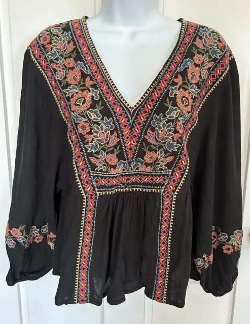 American Eagle Peasant Empire Waist Embroidered Black Top Hippie Gypsy Size S