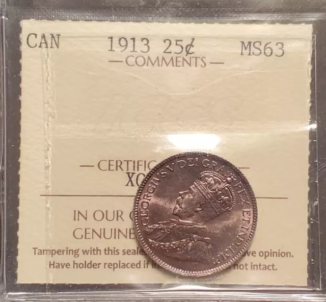 1913 25 Cents Iccs Graded Ms63