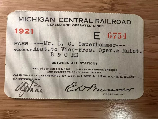 1921 Michigan Central Railroad Annual Pass Between All Stations - Hh25