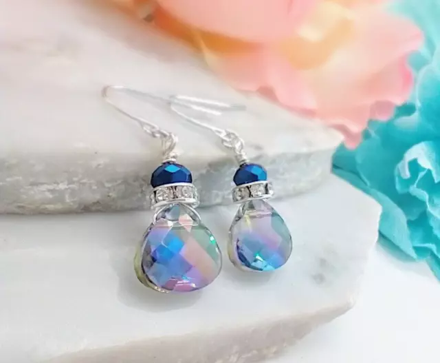 Faceted Metallic Blue Crystal Teardrop Silver Dangle Earrings, Ladies Handmade