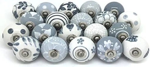 Artncraft 10 Knobs Grey & White Cream Rare Hand Painted Ceramic Knobs Cabinet