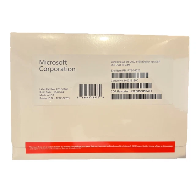 MICROSOFT WINDOWS SERVER 2022 Standard 64-bit 16 Core License & DVD $35 ...