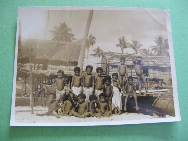 Group of Fiji Children Outside Huts Original Real Photo