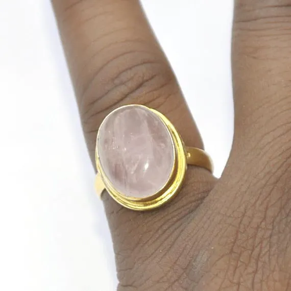Oval Cab Pink Rose Quartz 925 Sterling Silver yellow gold Ring Size 8 Jewelry
