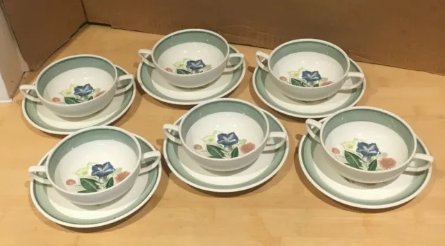 Susie Cooper Blue Gentian 2 Handled  Soup Cup/Saucer, x 6  Crown Works. Perfect