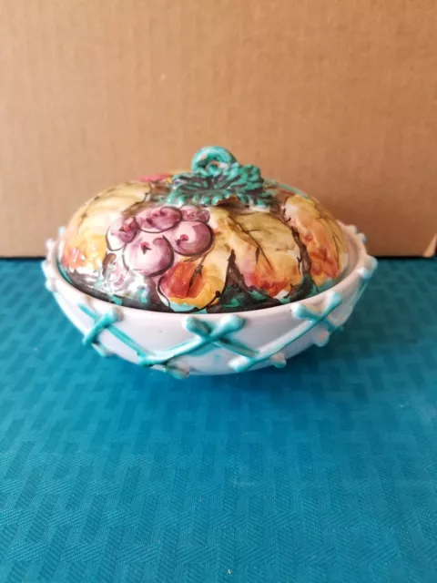 Vtg Majolica Italian Pottery Hand Painted Trinket Dish with Lid 5 1/2"