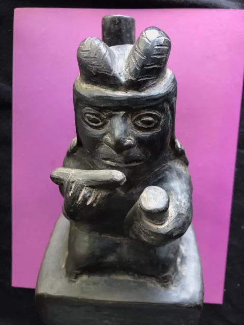 Black Pottery Chimu Figural Vessel Blackware Stirrup Jar Primitive Art Eating