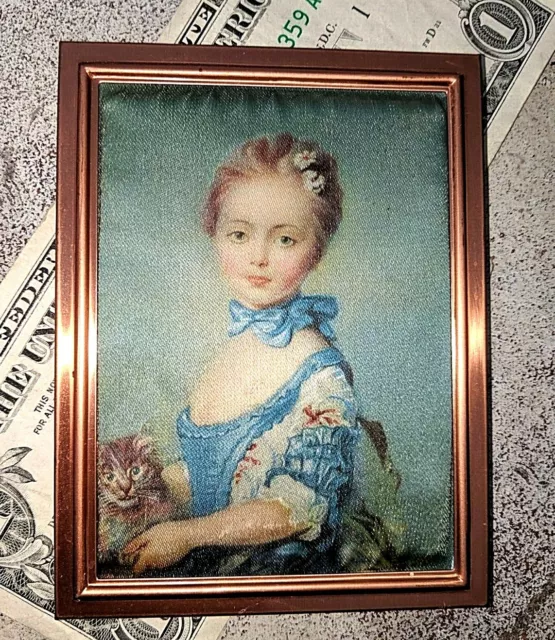 Gorgeous Vtg Miniature Framed Perroneau Reproduction on Silk Young Girl w Kitten