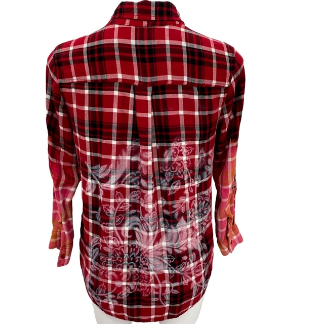 Time & Tru Womens Shirt Medium Upcycled Plaid Ombre Bleach Stencil Button Up Red