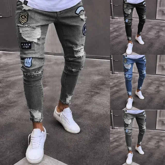 Men Slim Distressed Ripped Jeans Denim Pants Skinny Casual Trousers Bottoms US