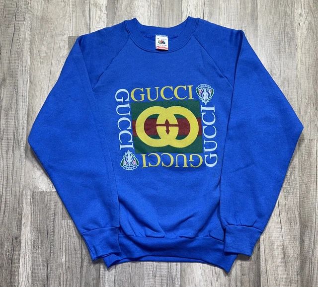 Vintage 80s 90s Bootleg Gucci Logo Pullover Sweatshirt Size Medium Blue