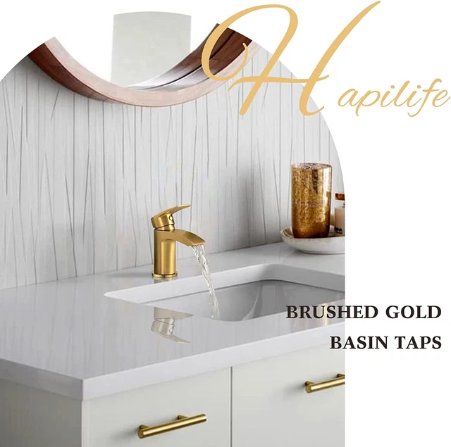 Hapilife Brushed Gold Basin Tap with Pop up Waste Hose & Fittings 3