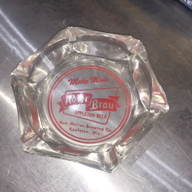 Adler Brau 6-Sided Glass Ash Tray  Geo.  Walter Brewing Co.  Appleton Wisc.