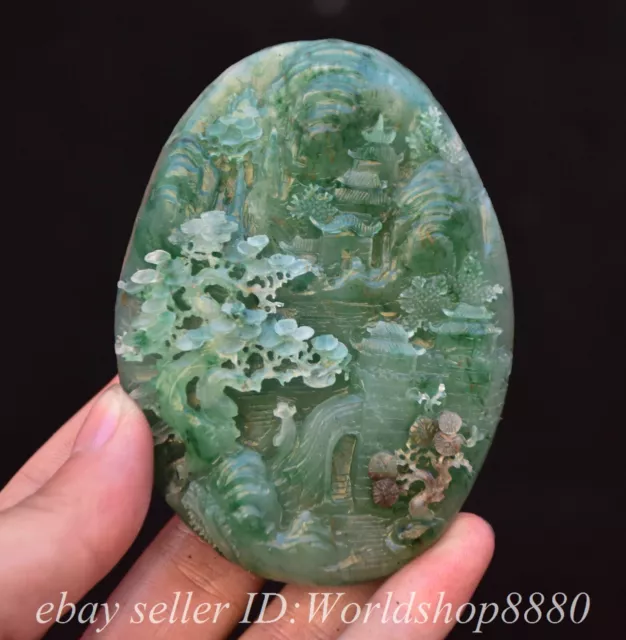 3.6" Chinese Natural Dushan Jade Hand Carved Mountain Tree House Statue Pendant