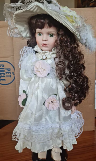 Homeart bisque porcelain doll, Victorian daywear, 40cm/15", w/stand