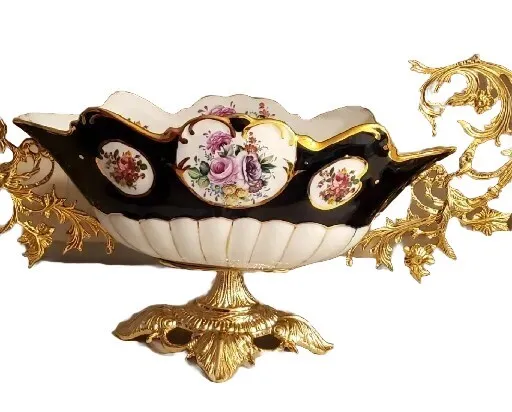 STUNNING ORNATE BLUE FRENCH STYLE Porcelain Bowl/Centerpiece- GOLD& ROSES