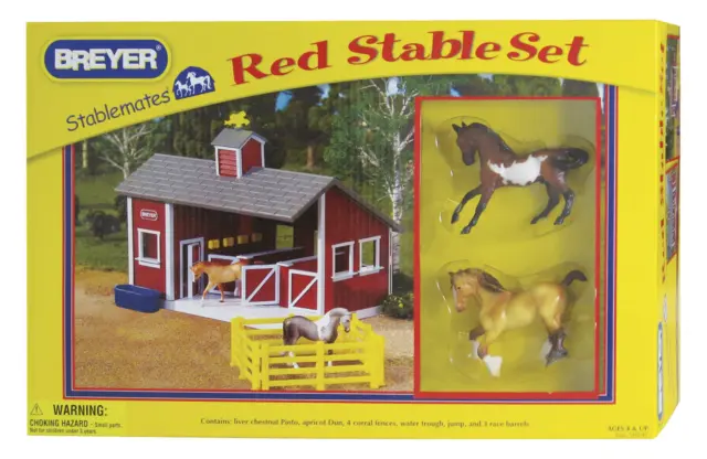 Breyer Stablemates Red Stable and Horse Set | 12 Piece Play set with 2 Horses | 2