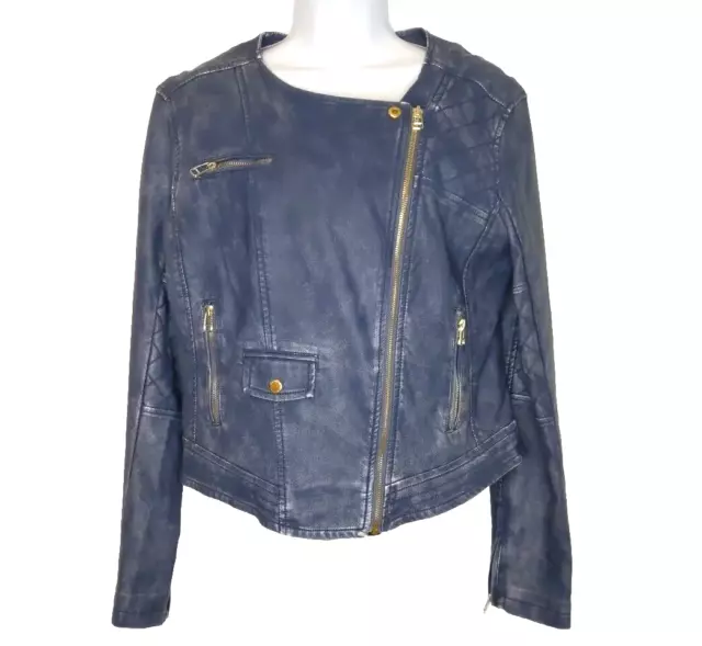 Members Only Faux Vegan Leather Moto Biker Jacket Womens M Blue Pockets Full Zip