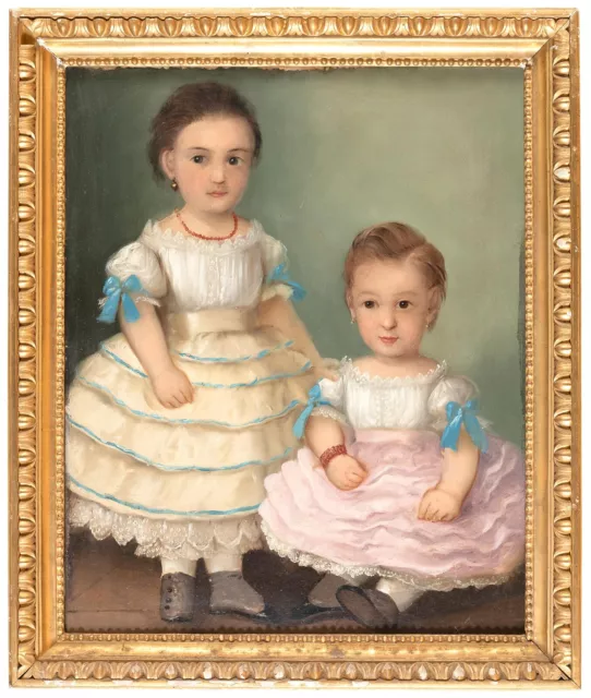 Museum Acquired  Antique Folk 19th C Portrait Painting of  Two Children