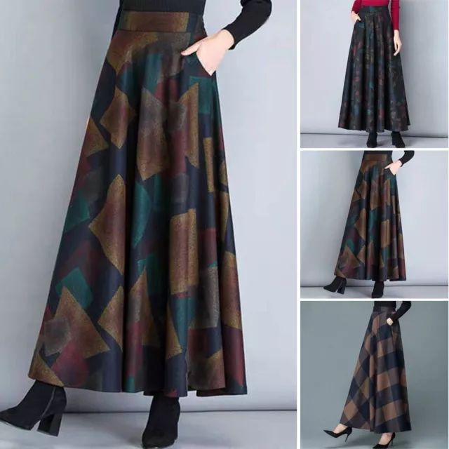 Damen Hohe Taille Vintage Bedruckte Lange Maxirock Lose Falten Swing Party Röcke