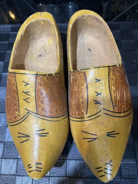 Vintage Dutch Pair of Wooden Shoes, Clogs Hand Carved Hand Painted, From Holland