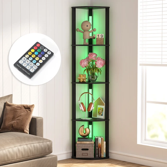 4TIER BLACK CORNER Shelf w/ Dimmable Led Light, Modern Wood Bookcase