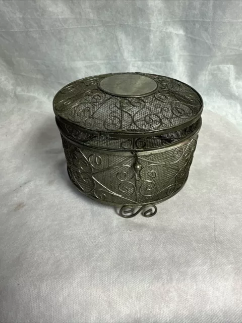 Round  WIRE & MESH Box w/Hinged Domed Lid, Clasp, Metal Scrolls VINTAGE