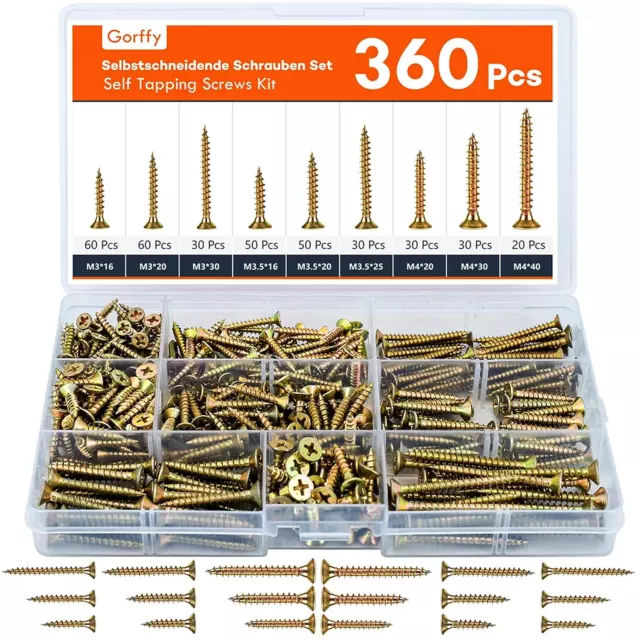 Schrauben Set, 360 PCS Holzschrauben, Selbstschneidende Schrauben Mit Senkkopf,