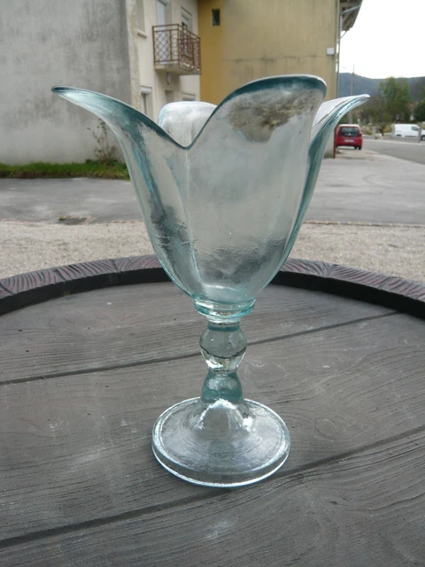 Vase Vintage En Verre Bleu Et Blanc En Forme De Tulipe - Années 70, Occasion