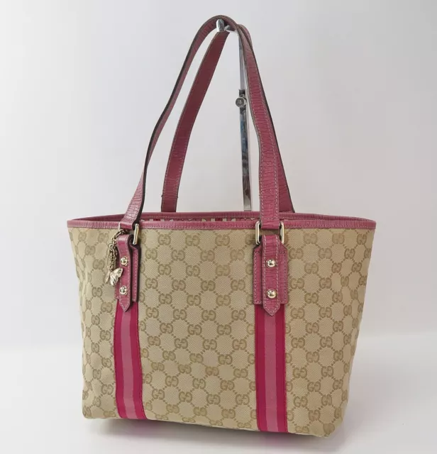 Auth GUCCI Brown GG Canvas and Pink Leather Sherry Line Tote Bag Purse #56140