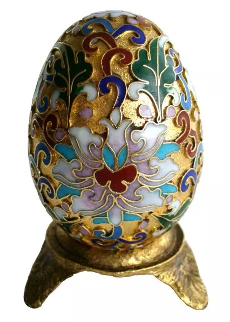 Vintage~Asian~CLOISONNE~Enamel~BRASS~Floral~GOLD~Handpainted~EGG~Brass Stand~EC